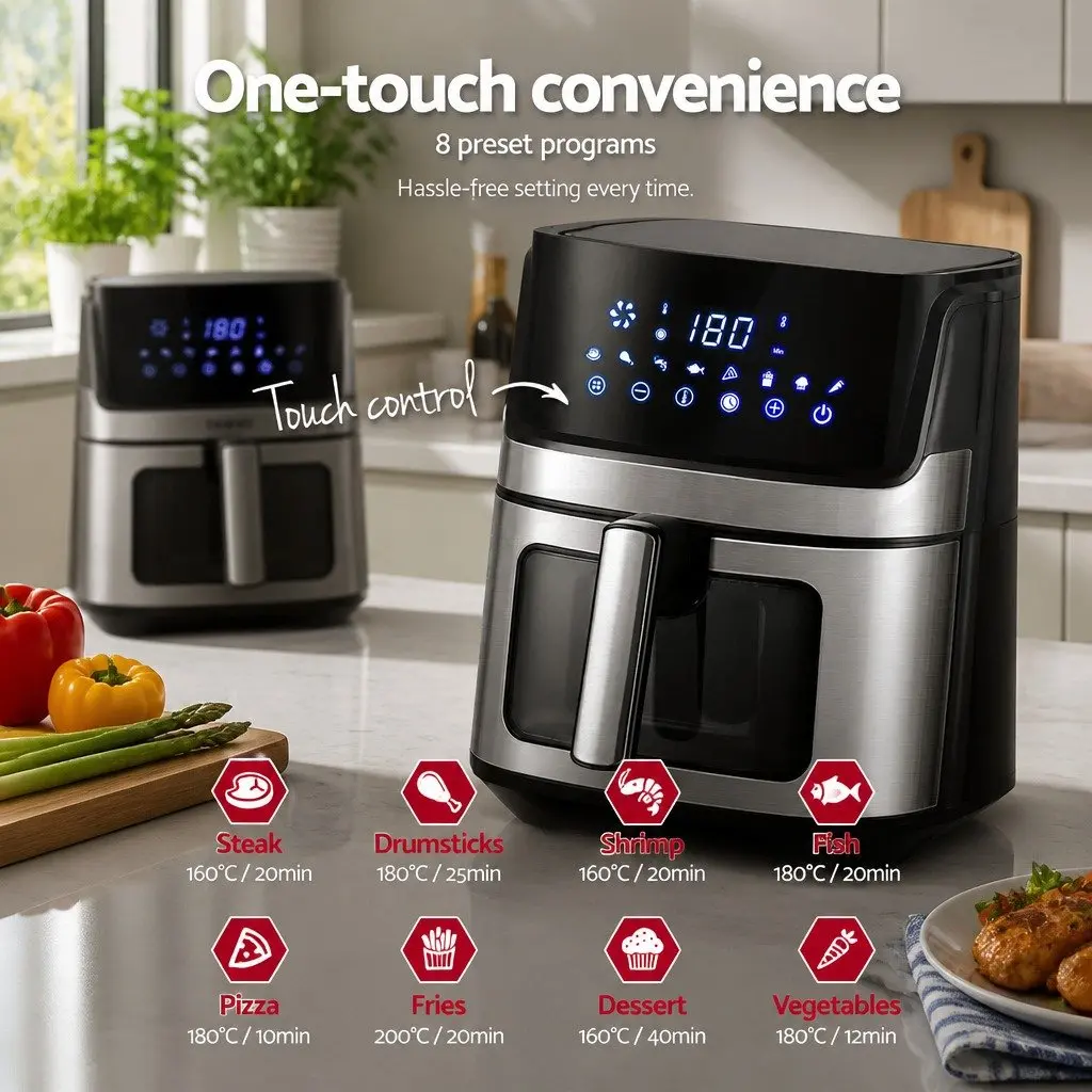 Air Fryer Black 6.5L LCD Touch Control Panel Tempered Glass Window