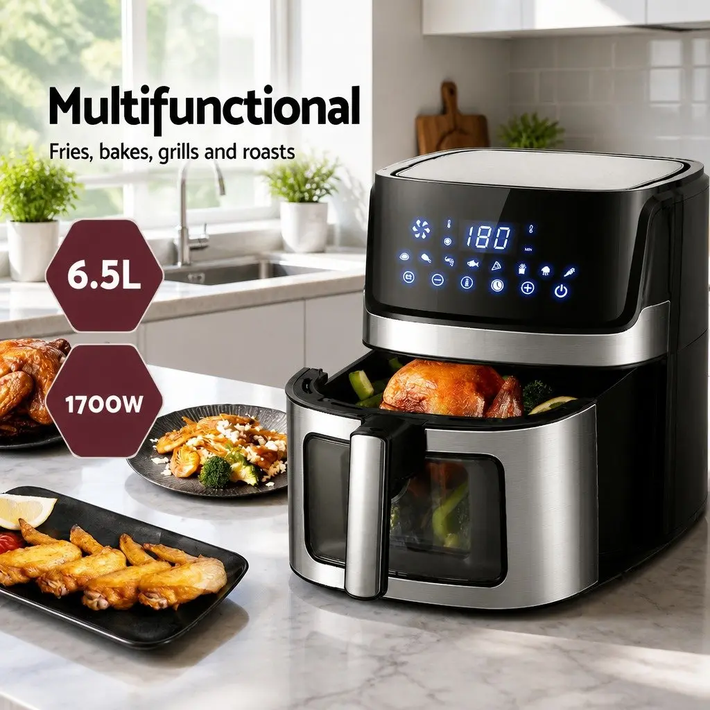 Air Fryer Black 6.5L LCD Touch Control Panel Tempered Glass Window