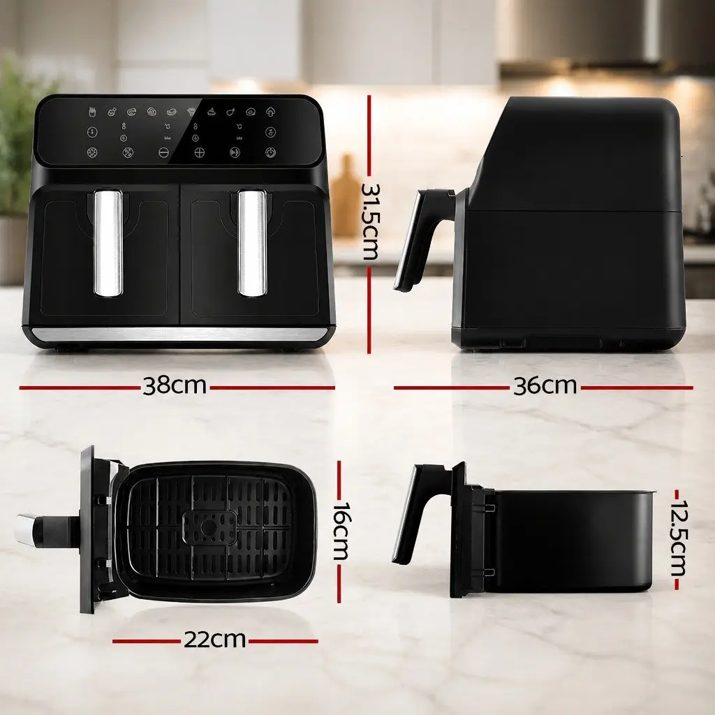 Air Fryer Black 8L Dual Zone Digital Touch Control Kitchen Cooking Appliance