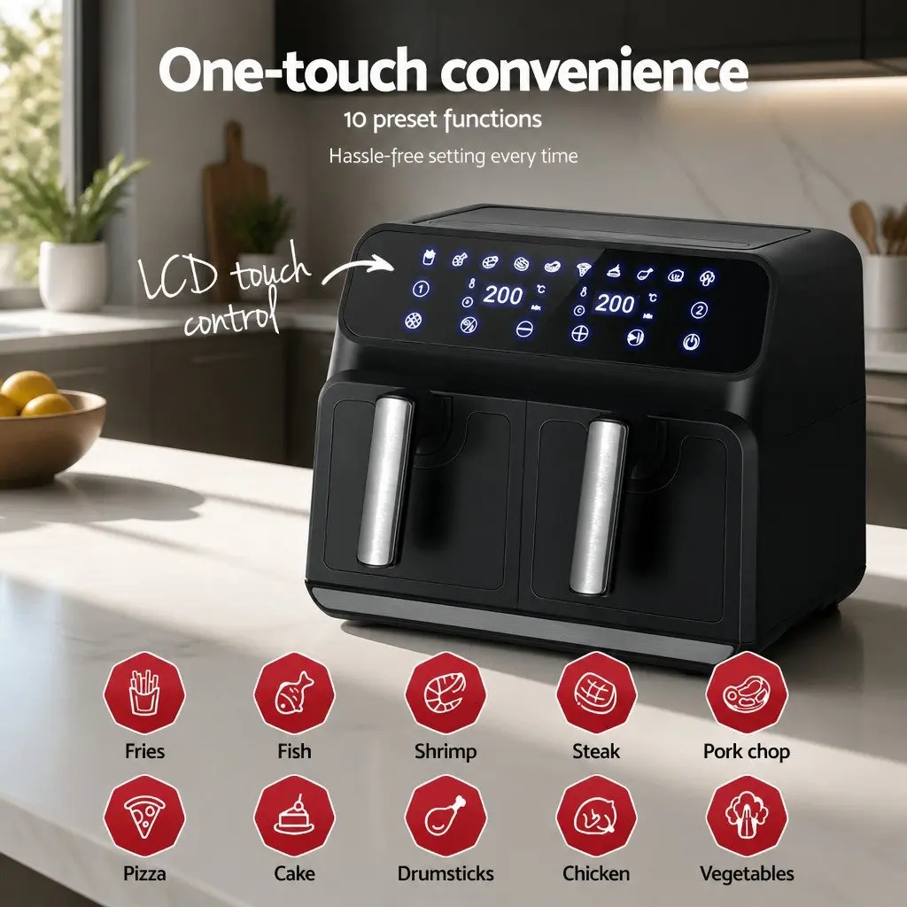 Air Fryer Black 8L Dual Zone Digital Touch Control Kitchen Cooking Appliance