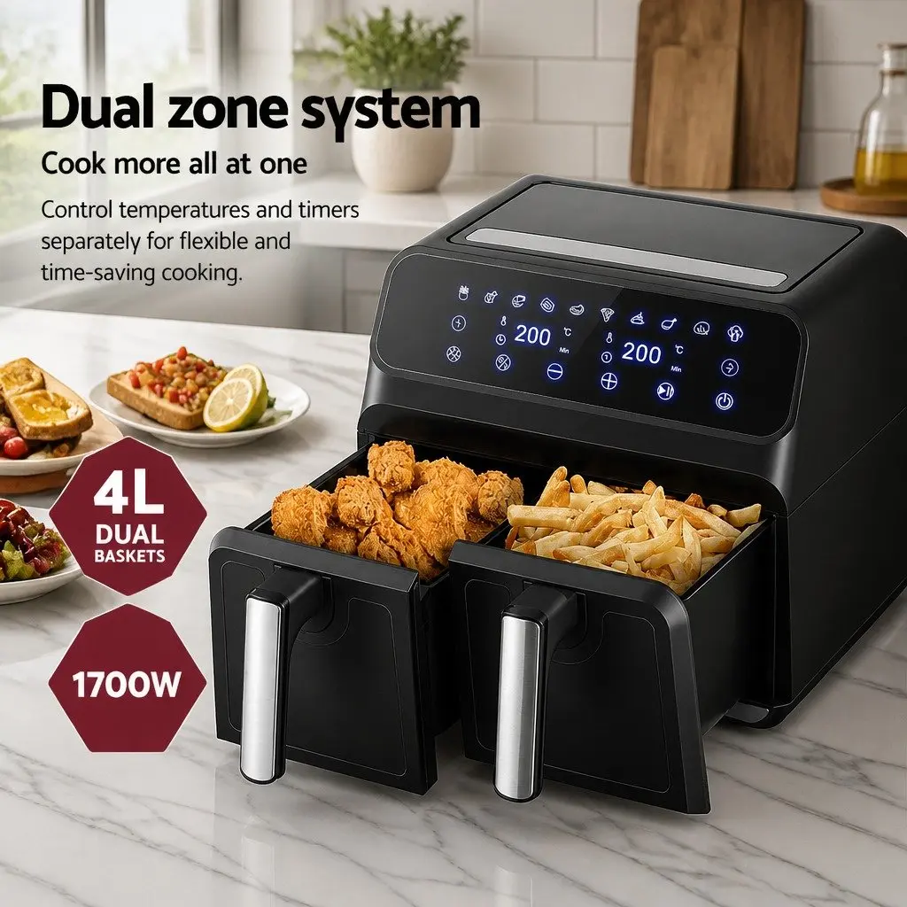 Air Fryer Black 8L Dual Zone Digital Touch Control Kitchen Cooking Appliance