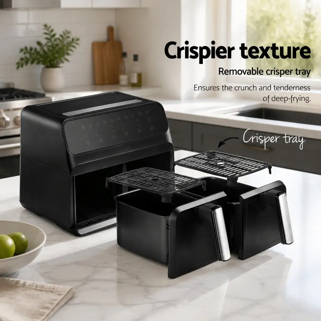 Air Fryer Black 8L Dual Zone Digital Touch Control Kitchen Cooking Appliance