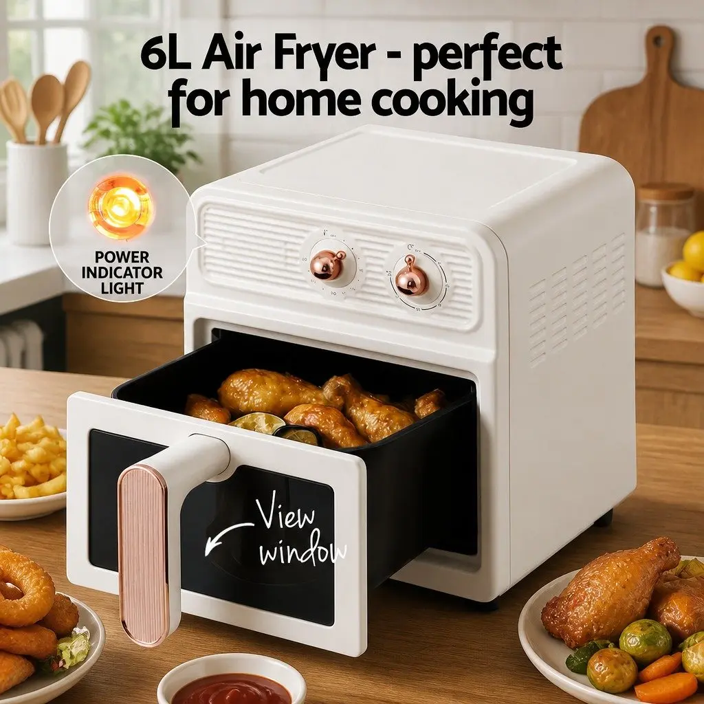 6L Air Fryer Cream Knob Control 1700W Rapid Heat Circulation Hot Air Frying