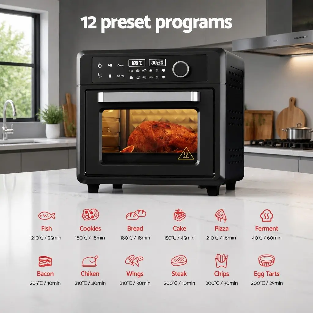 Air Fryer Oven Black 20L LCD Touch Control 12 Preset Cooking Programs