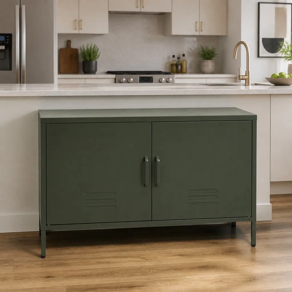 Buffet Sideboard Green Metal Adjustable Shelf Wall Mount