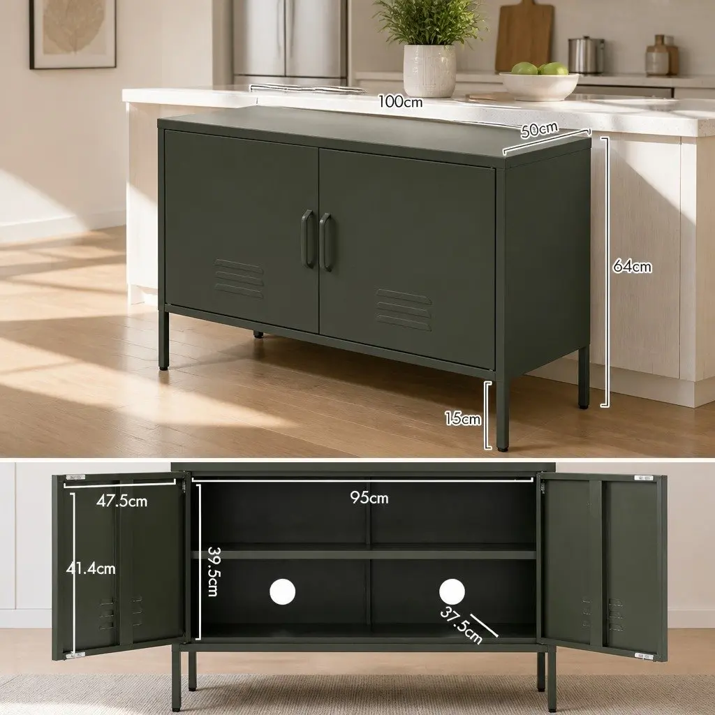 Buffet Sideboard Green Metal Adjustable Shelf Wall Mount