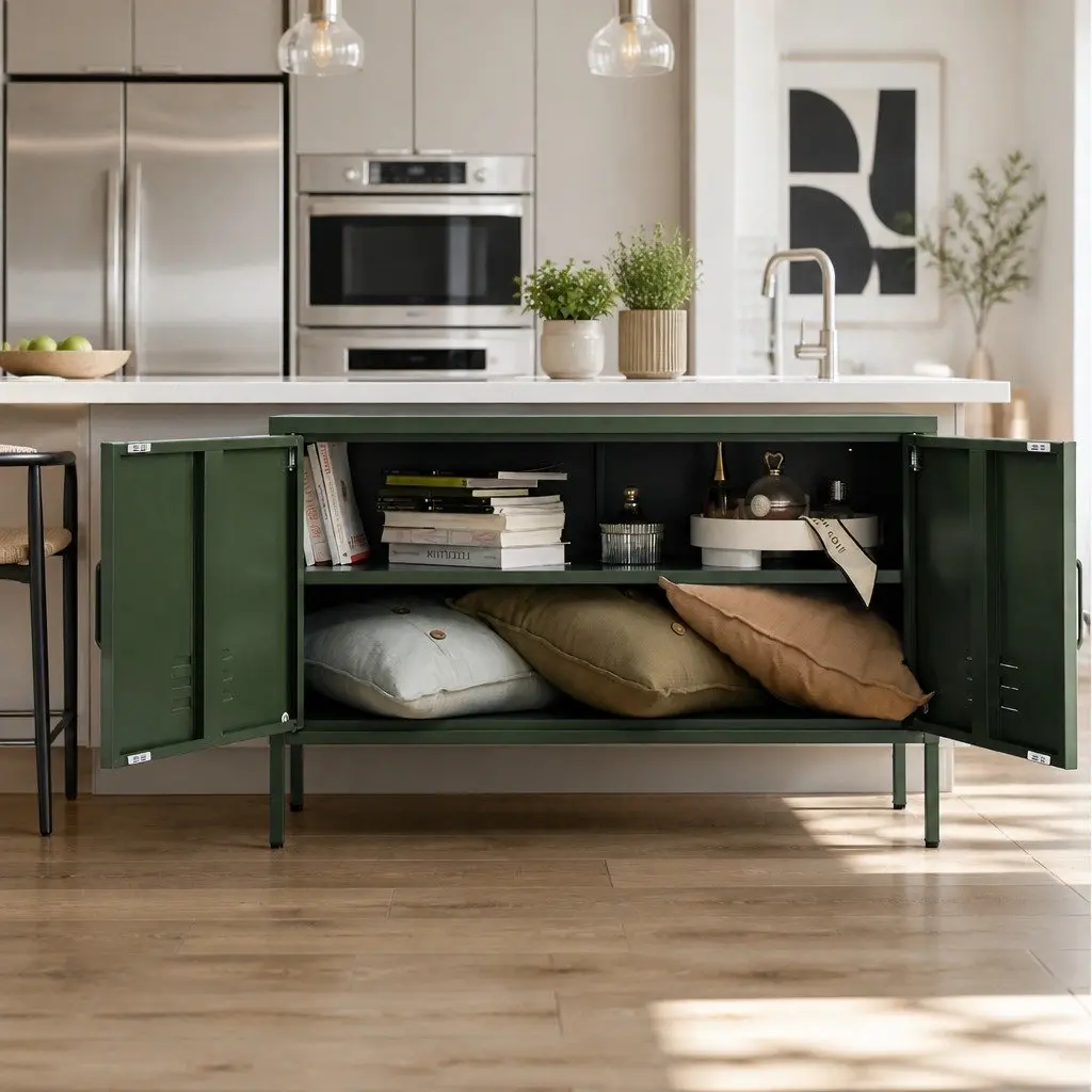 Buffet Sideboard Green Metal Adjustable Shelf Wall Mount