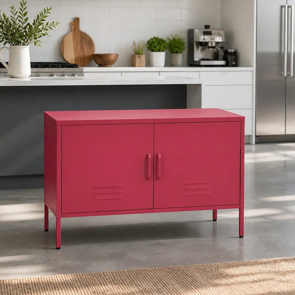 Metal Buffet Sideboard Storage Cabinet Pink 100cm with Adjustable Shelf
