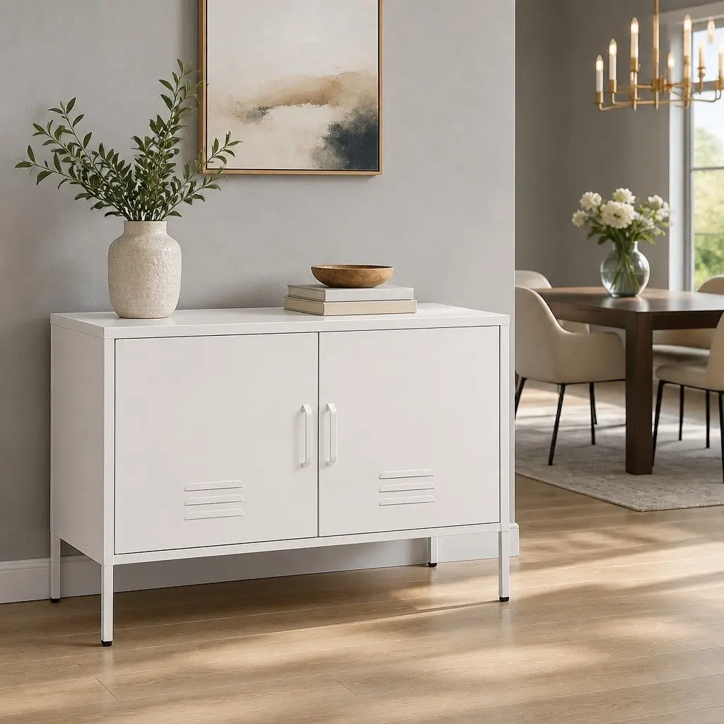 Buffet Sideboard Storage Cabinet White Metal Adjustable Shelving Easy Maintenance