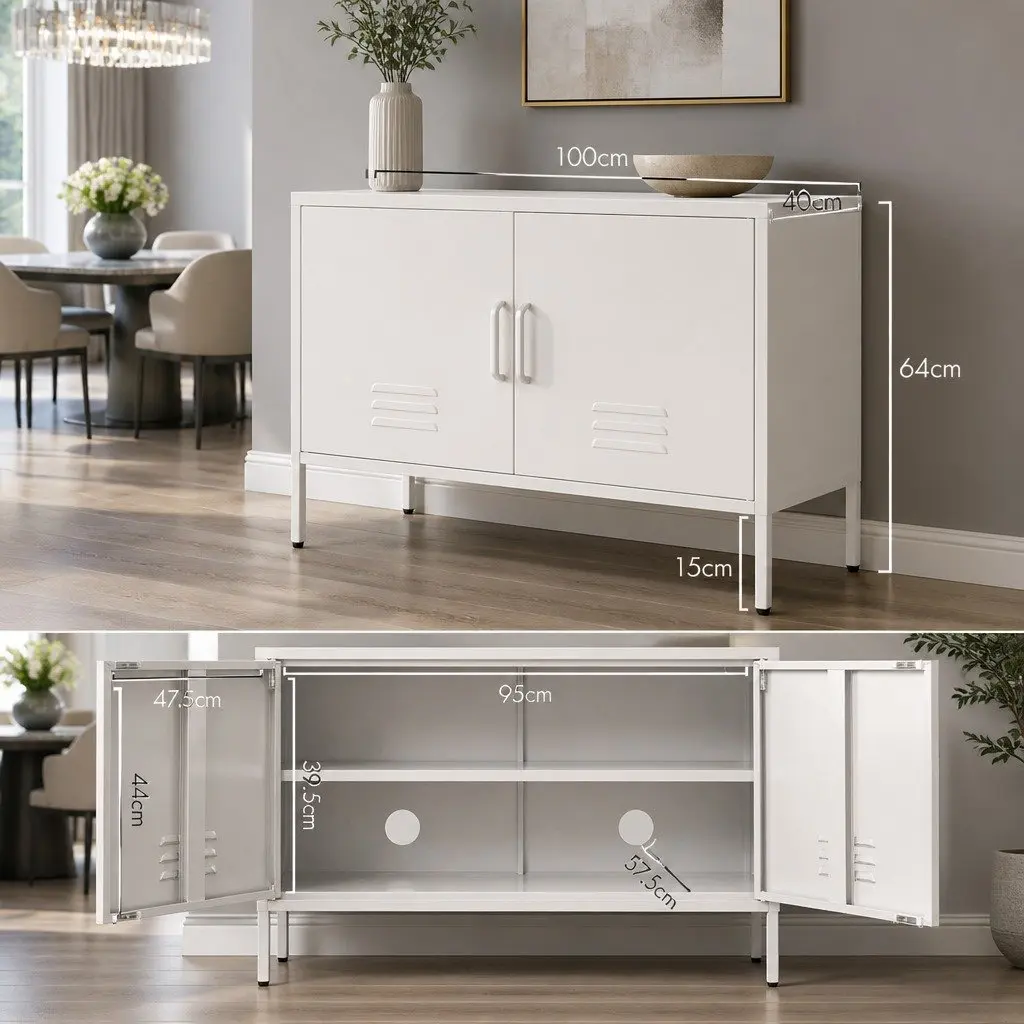 Buffet Sideboard Storage Cabinet White Metal Adjustable Shelving Easy Maintenance