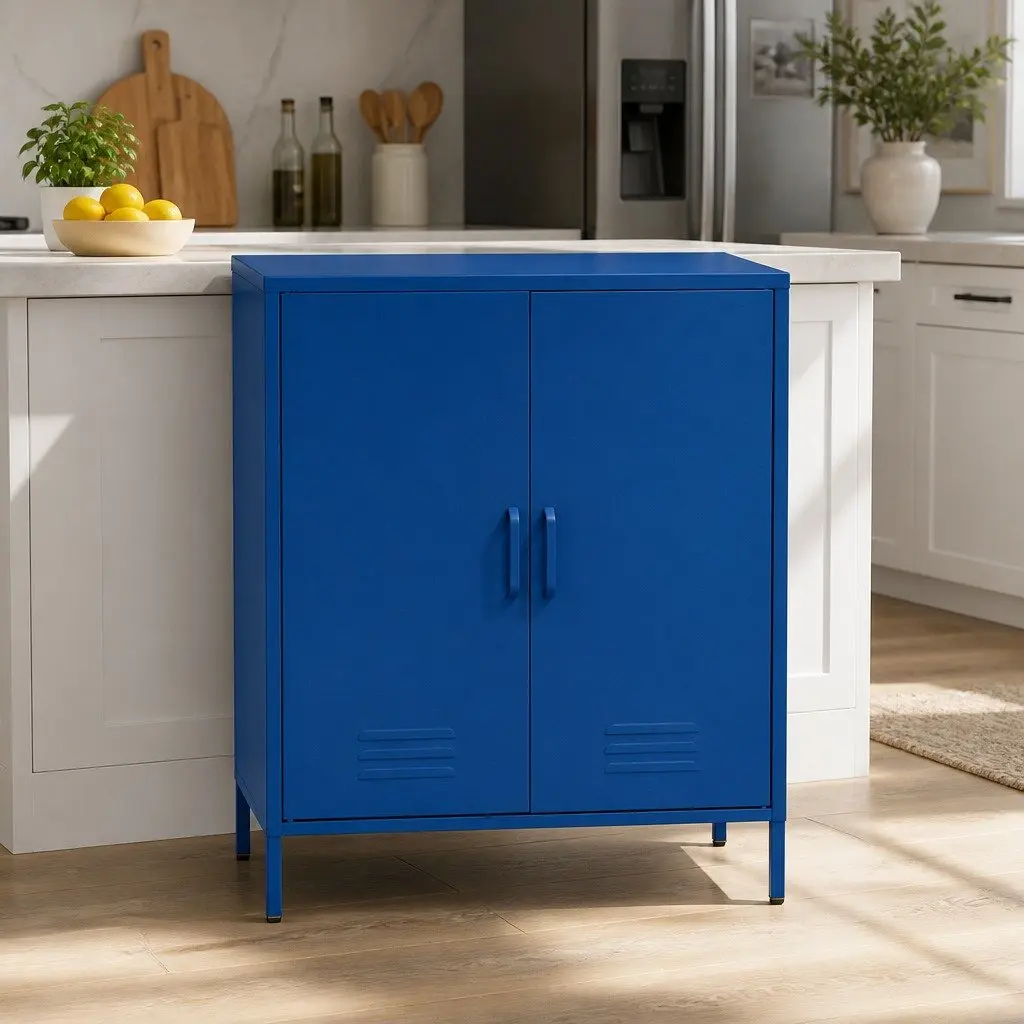Buffet Sideboard Cabinet Blue Metal 80cm Adjustable Shelves Cord Management