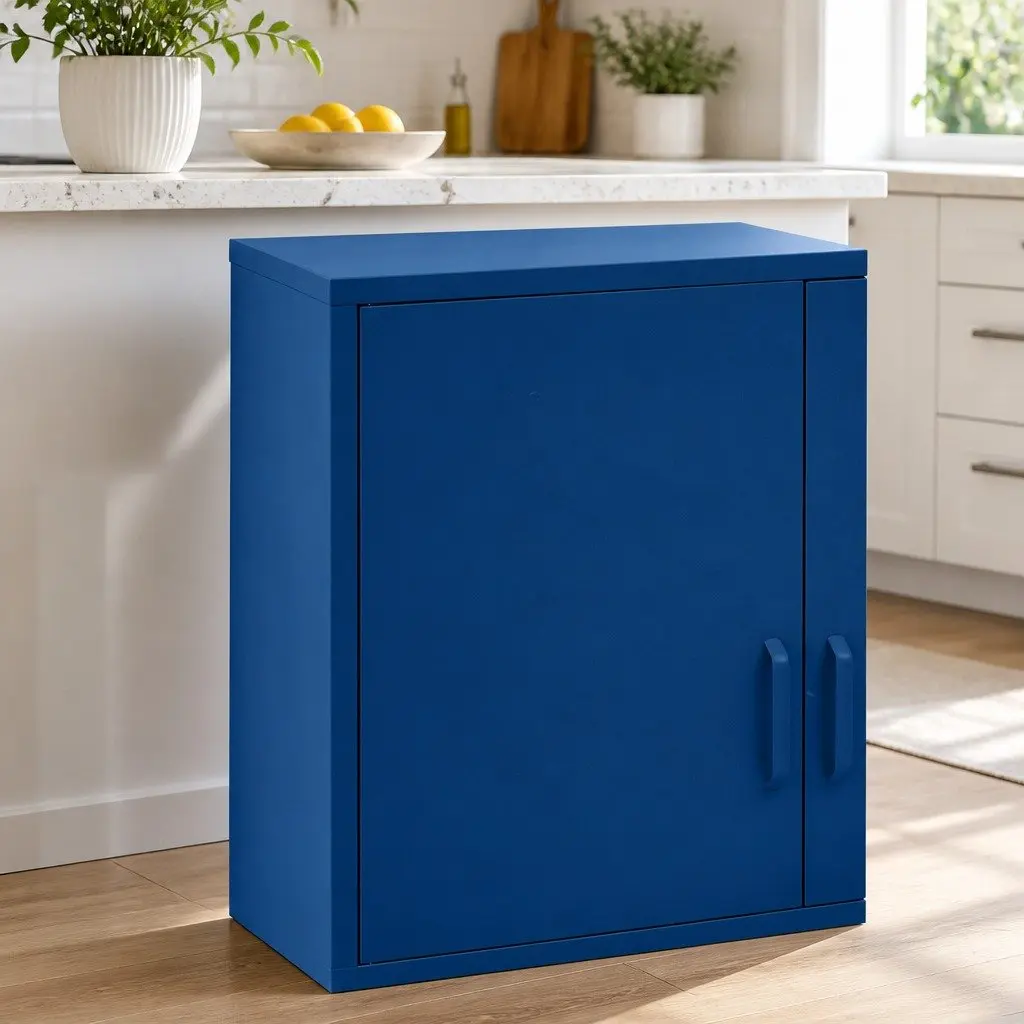 Buffet Sideboard Cabinet Blue Metal 80cm Adjustable Shelves Cord Management