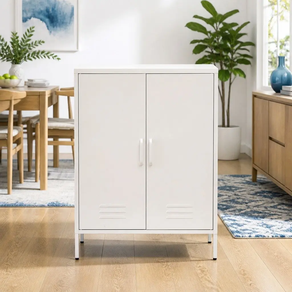 Buffet Sideboard Cabinet White Metal Adjustable Shelves Hooks
