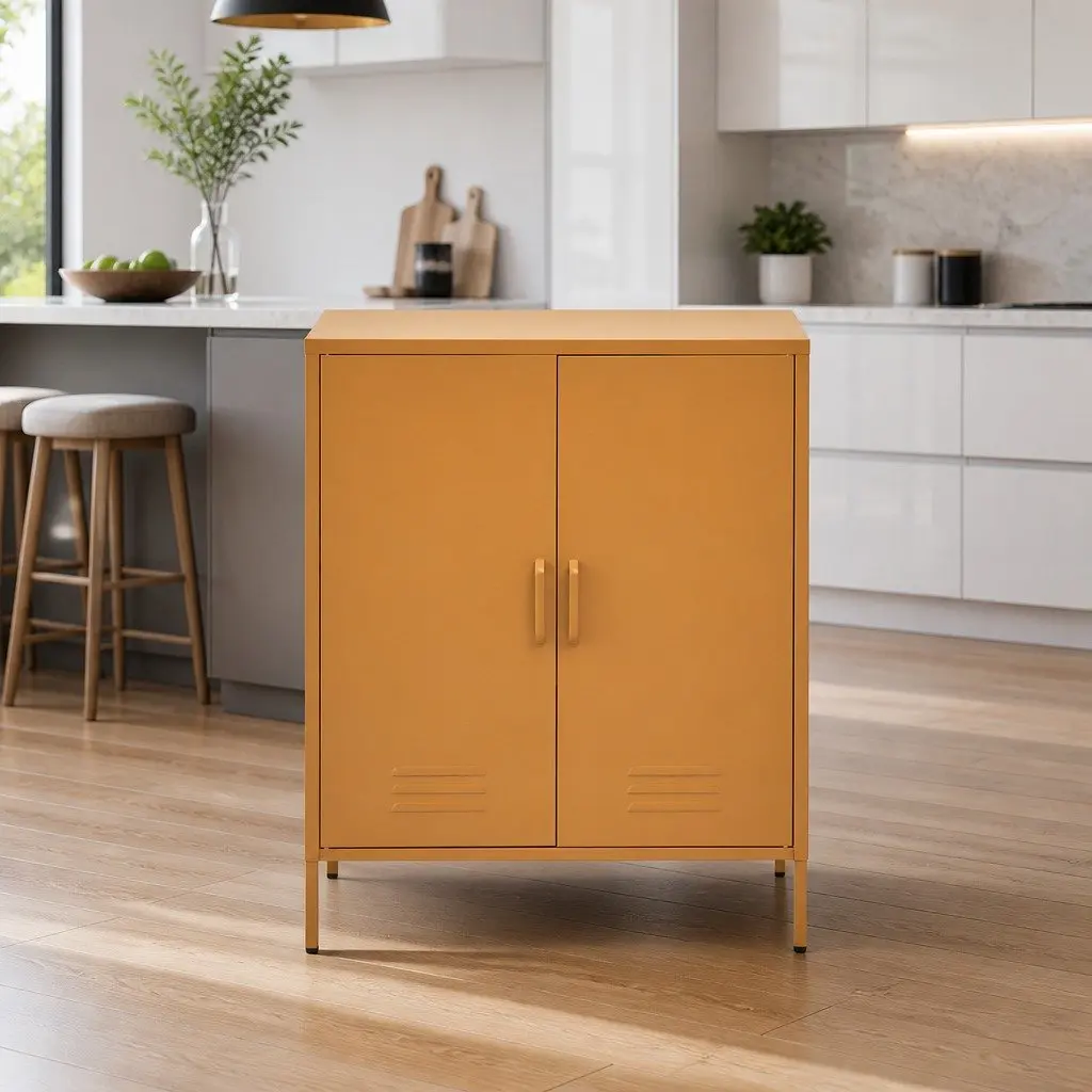 Metal Buffet Sideboard Yellow 80cm Adjustable Shelves Storage Cabinet