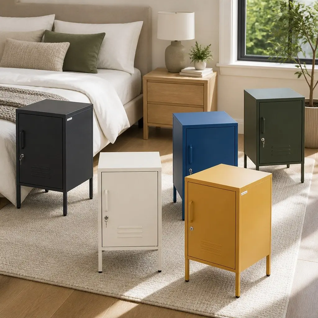 Metal Bedside Table Yellow Adjustable Shelf Lock Storage Cabinet