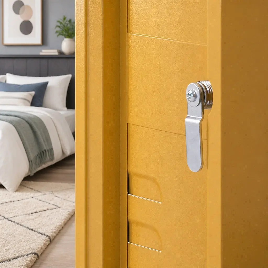 Metal Bedside Table Yellow Adjustable Shelf Lock Storage Cabinet