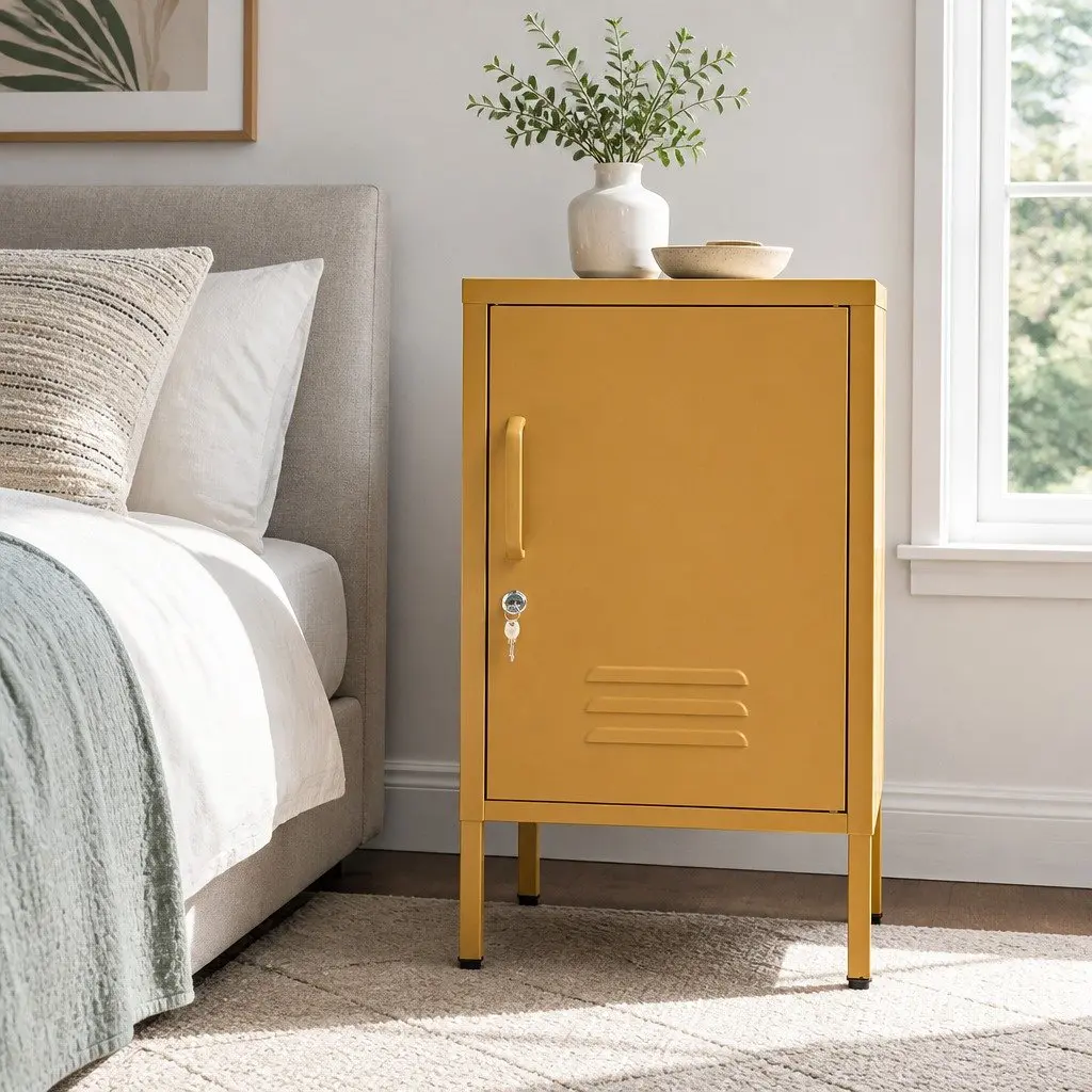 Metal Bedside Table Yellow Adjustable Shelf Lock Storage Cabinet