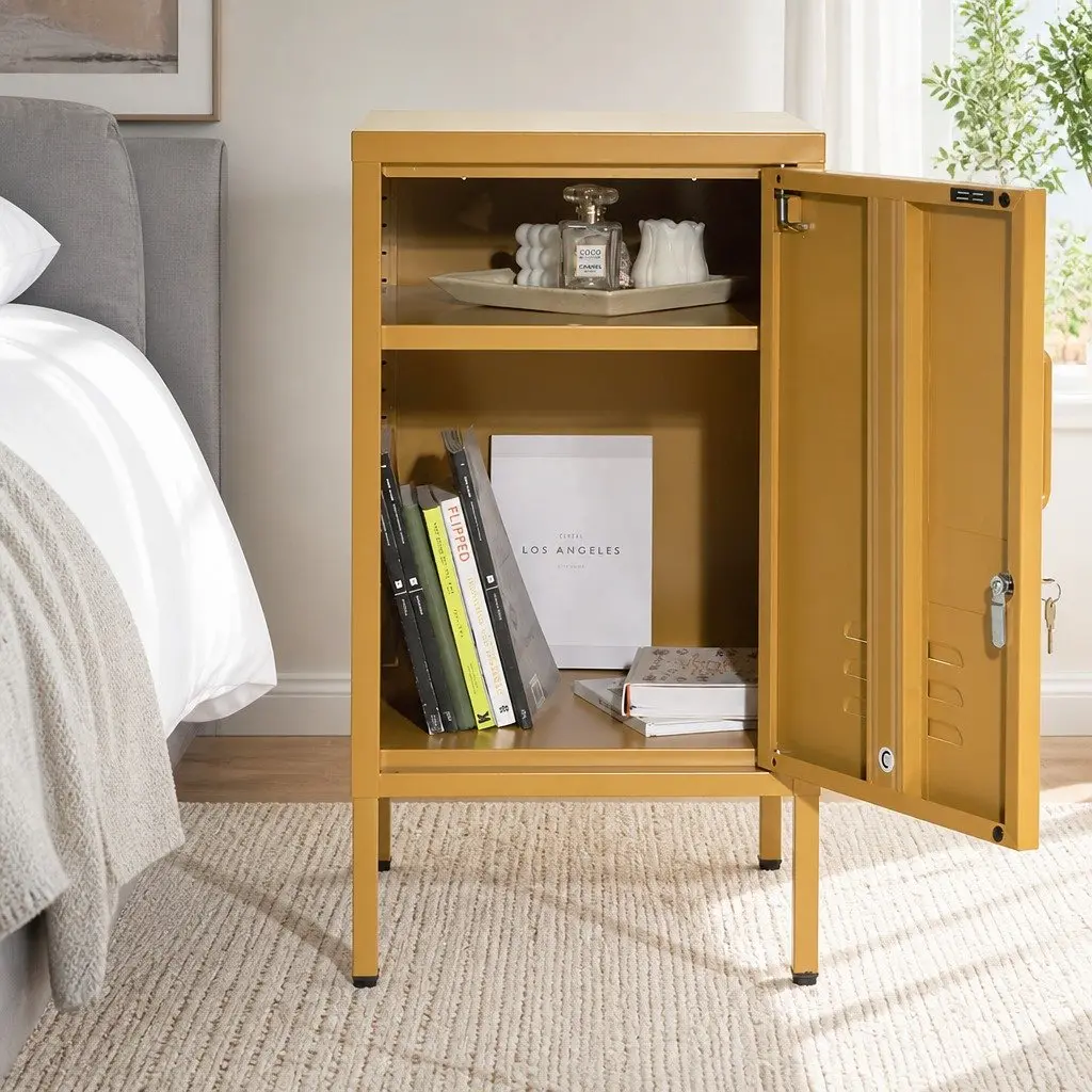 Metal Bedside Table Yellow Adjustable Shelf Lock Storage Cabinet