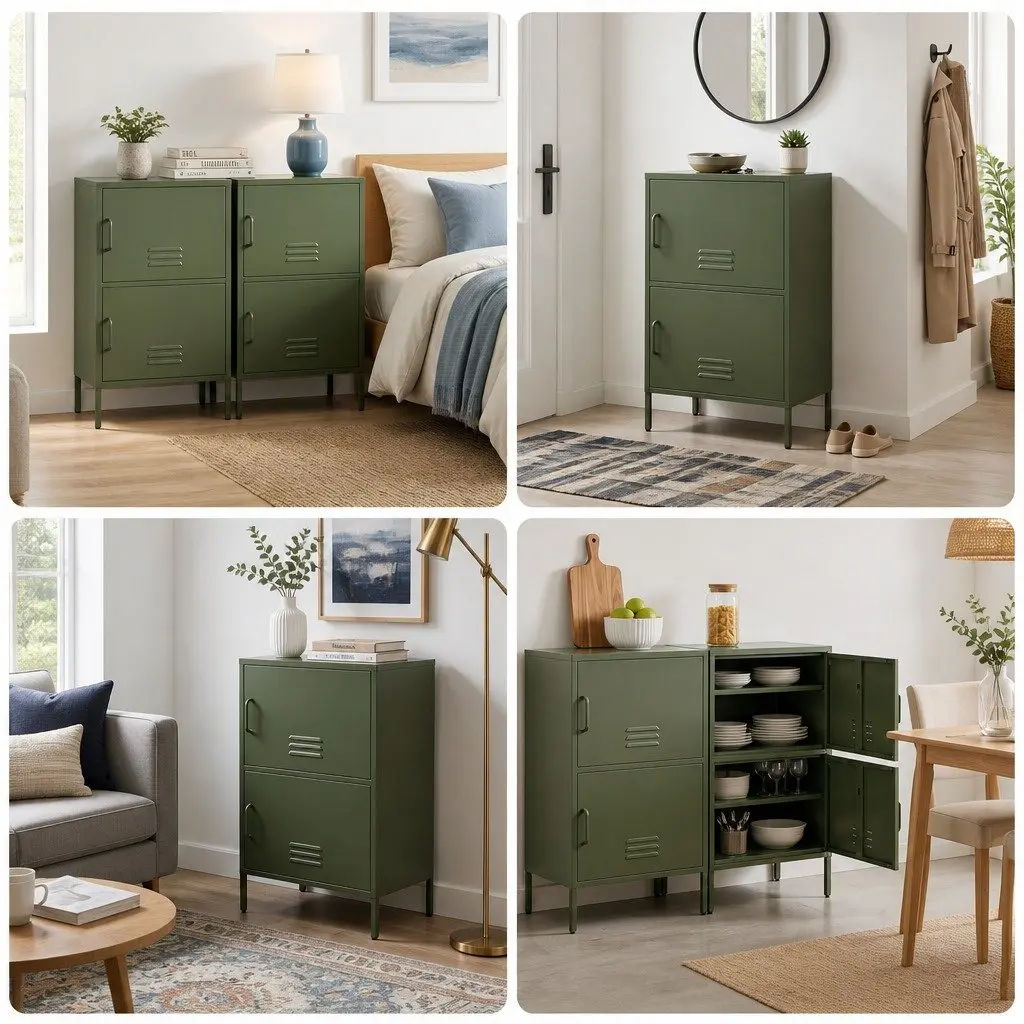Buffet Sideboard Cabinet Green Set of 2 2 Doors Adjustable Shelves Cable Hole Wall Attachment