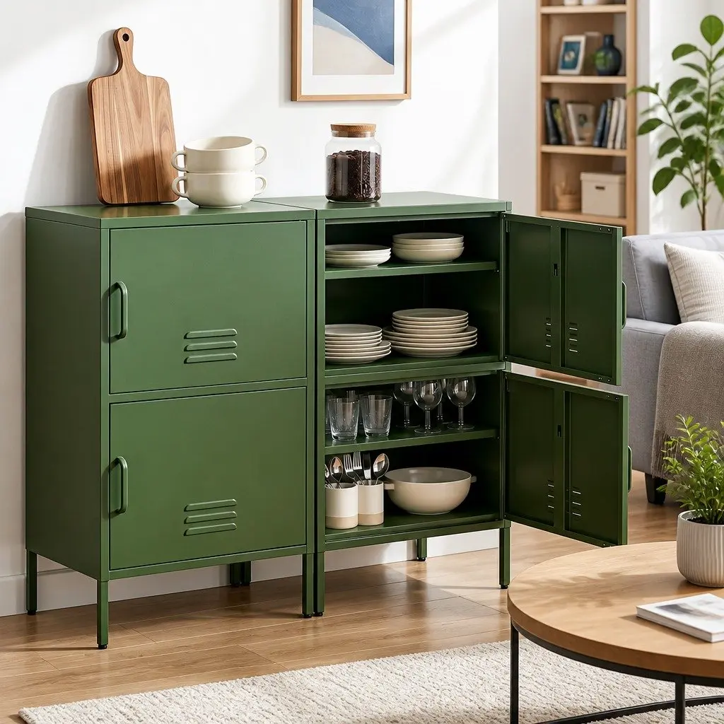 Buffet Sideboard Cabinet Green Set of 2 2 Doors Adjustable Shelves Cable Hole Wall Attachment