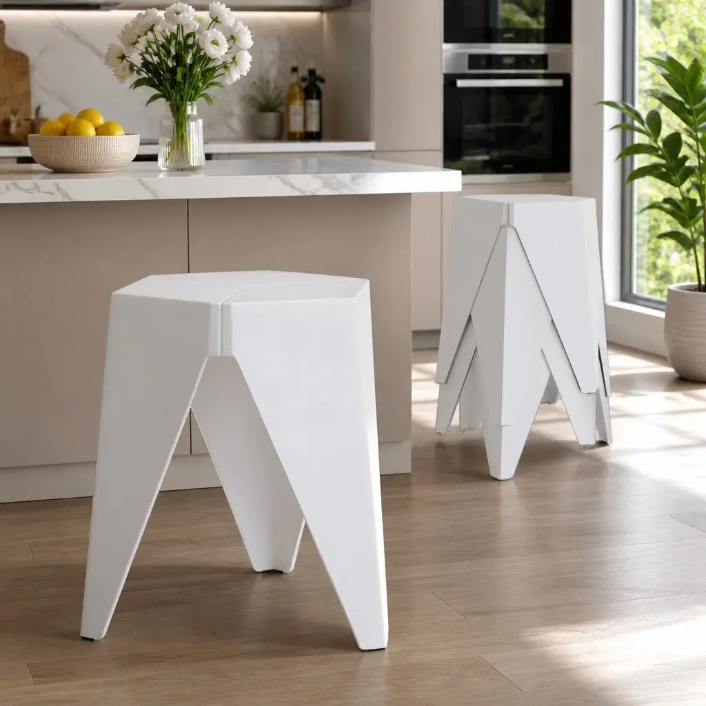 4PC Puzzle Stackable Bar Stools White Modern Design Seat Storage Versatile Use