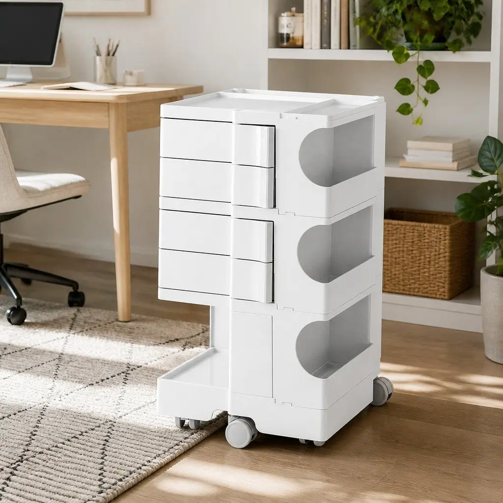 Storage Trolley Cart White Compact Fold-Out Shelves Multi-Tier Organizer