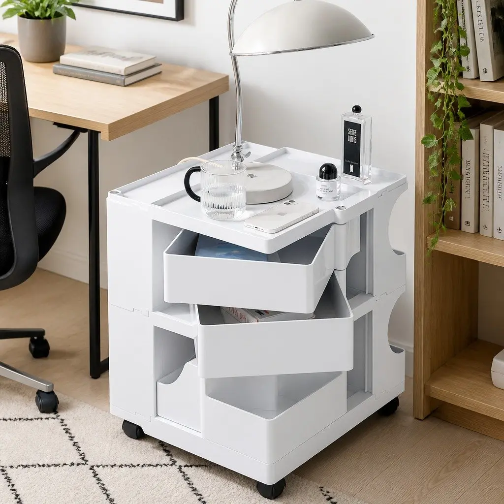 Storage Trolley Cart White Compact Fold-Out Shelves Multi-Tier Organizer