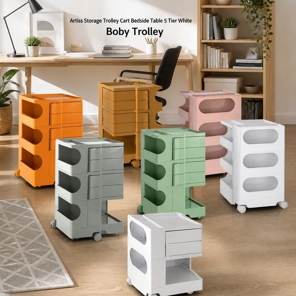 Storage Trolley Cart White Compact Fold-Out Shelves Multi-Tier Organizer