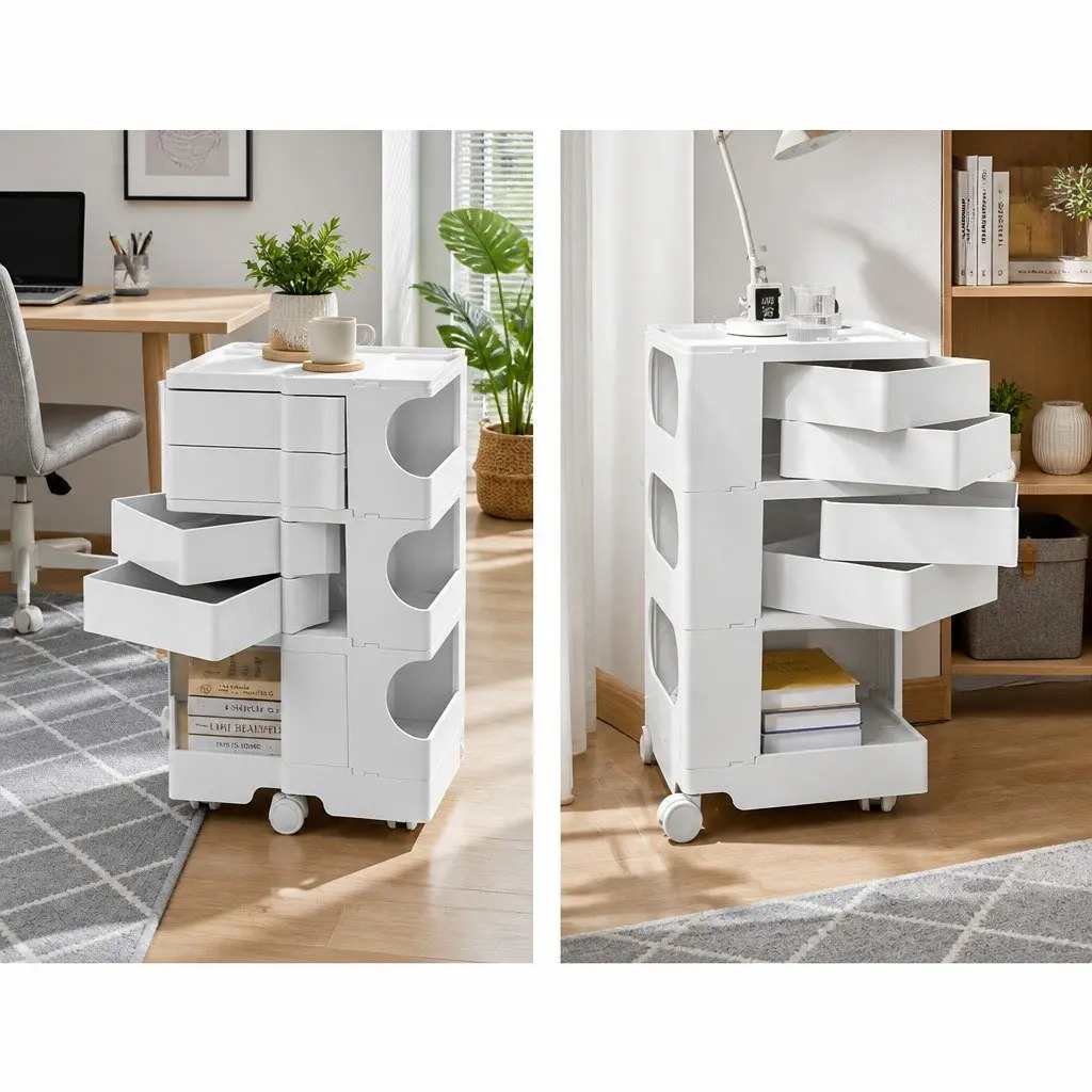 Storage Trolley Cart White Compact Fold-Out Shelves Multi-Tier Organizer