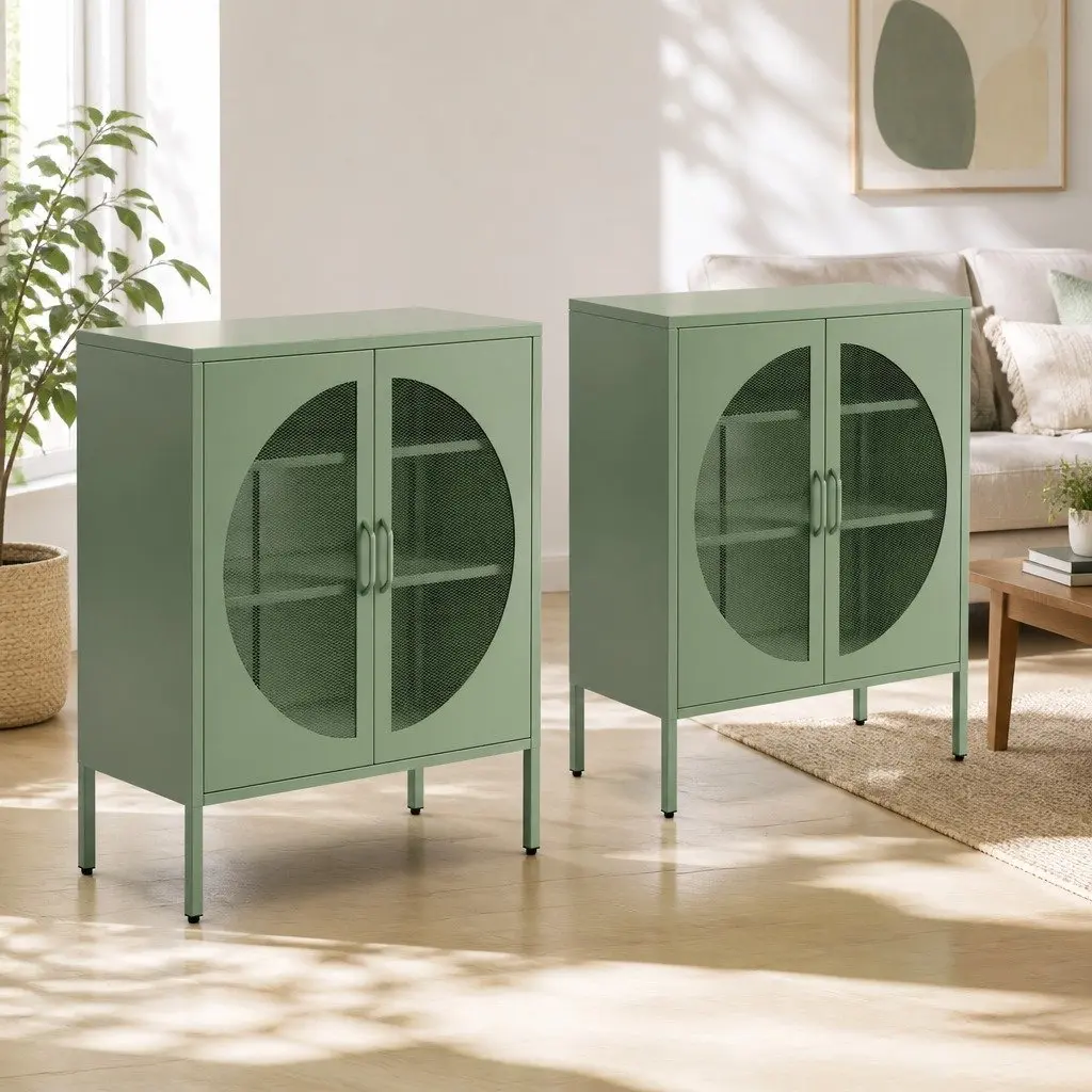 Buffet Sideboard Cabinet Light Green 2-Door Mesh Storage Adjustable Shelves