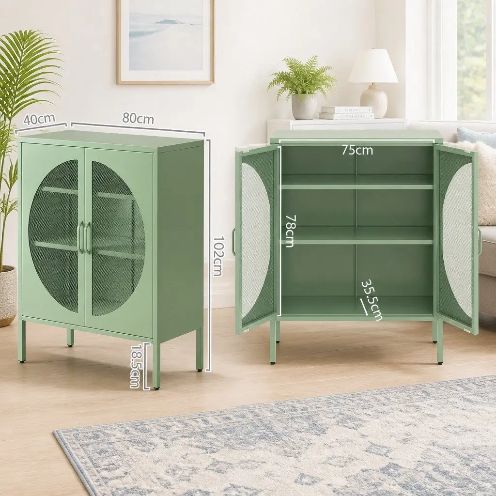 Buffet Sideboard Cabinet Light Green 2-Door Mesh Storage Adjustable Shelves