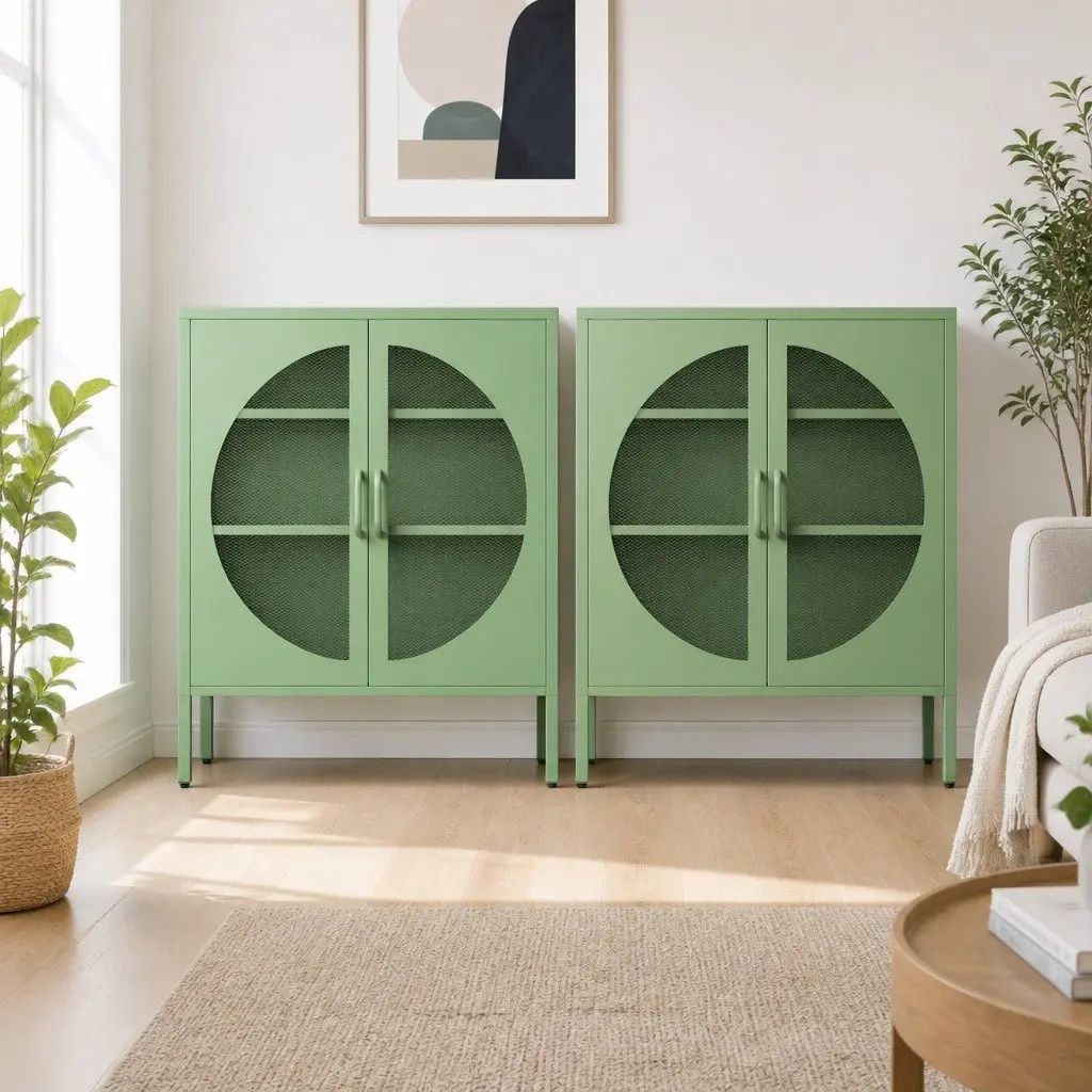 Buffet Sideboard Cabinet Light Green 2-Door Mesh Storage Adjustable Shelves