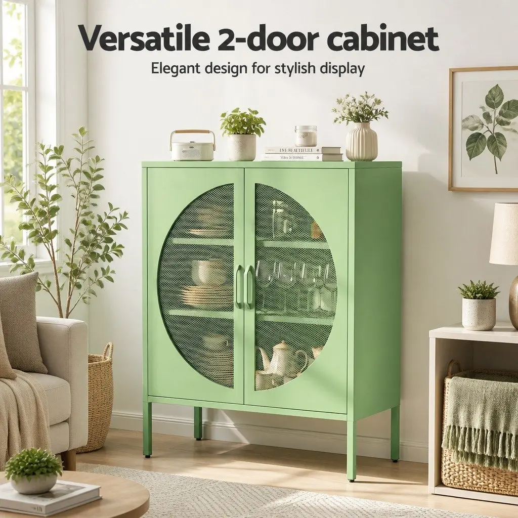 Buffet Sideboard Cabinet Light Green 2-Door Mesh Storage Adjustable Shelves