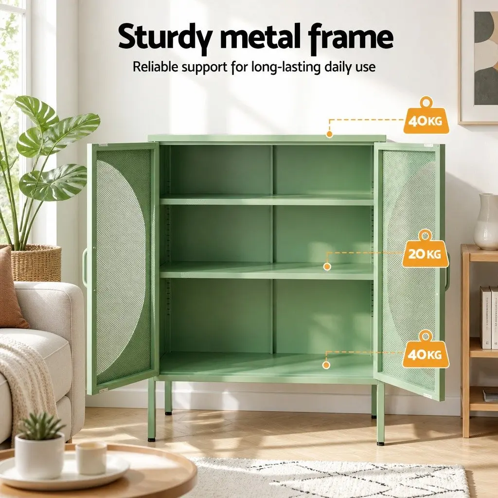 Buffet Sideboard Cabinet Light Green 2-Door Mesh Storage Adjustable Shelves