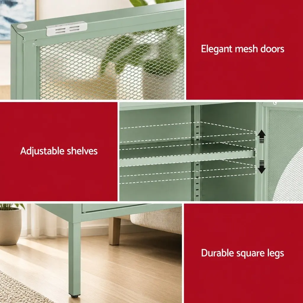 Buffet Sideboard Cabinet Light Green 2-Door Mesh Storage Adjustable Shelves