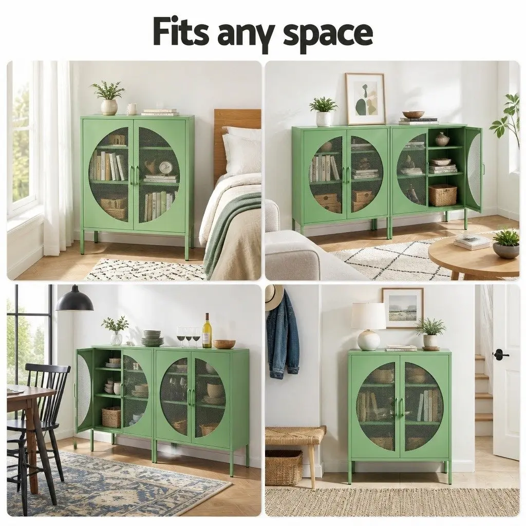 Buffet Sideboard Cabinet Light Green 2-Door Mesh Storage Adjustable Shelves