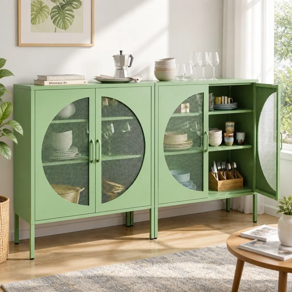Buffet Sideboard Cabinet Light Green 2-Door Mesh Storage Adjustable Shelves