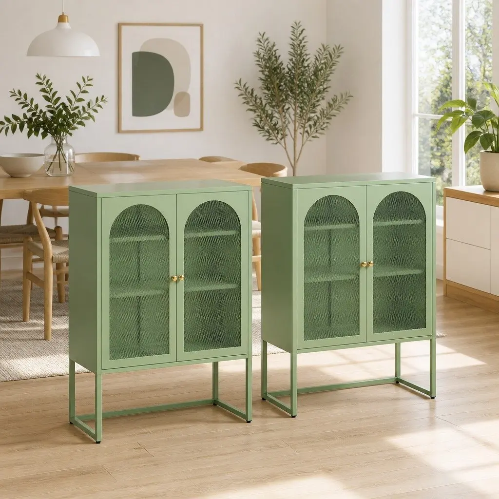 Buffet Sideboard Cabinet Light Green 2 Door Storage Mesh Doors Adjustable Shelves Set