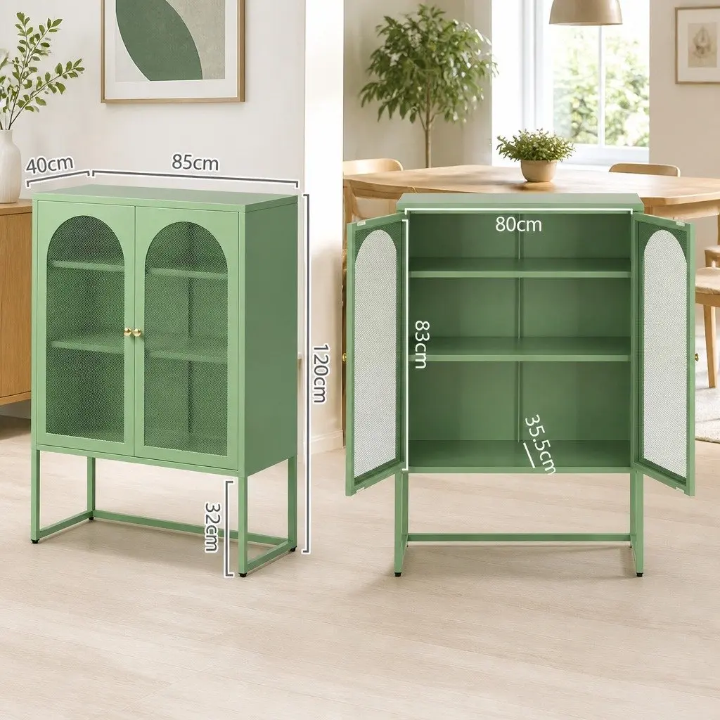 Buffet Sideboard Cabinet Light Green 2 Door Storage Mesh Doors Adjustable Shelves Set