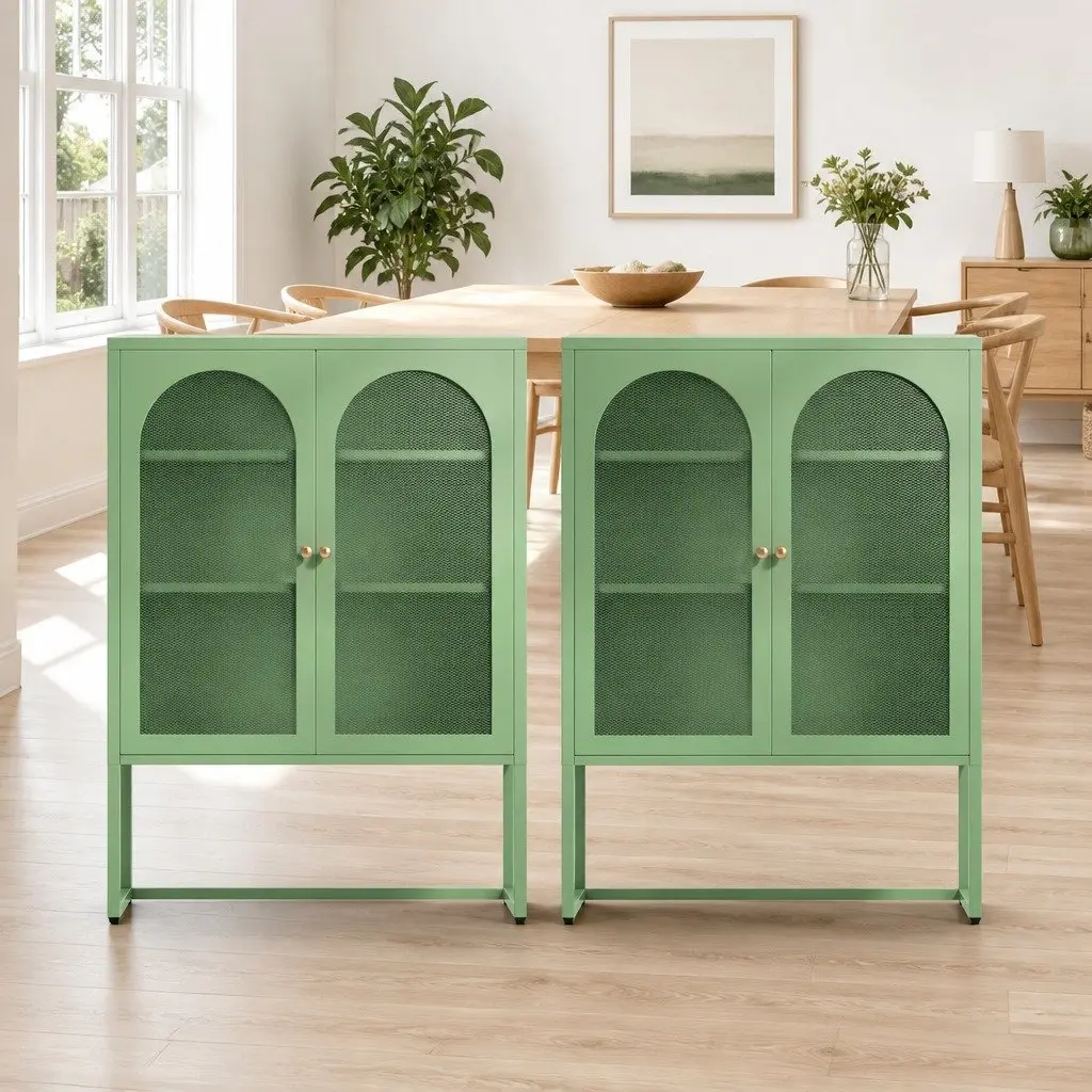 Buffet Sideboard Cabinet Light Green 2 Door Storage Mesh Doors Adjustable Shelves Set