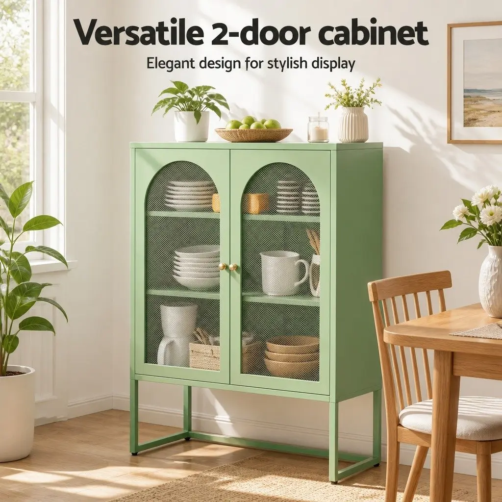 Buffet Sideboard Cabinet Light Green 2 Door Storage Mesh Doors Adjustable Shelves Set