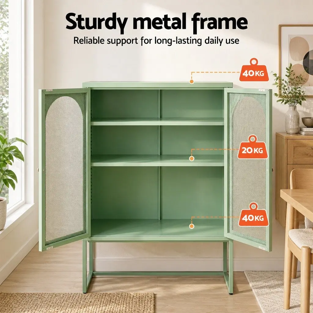 Buffet Sideboard Cabinet Light Green 2 Door Storage Mesh Doors Adjustable Shelves Set