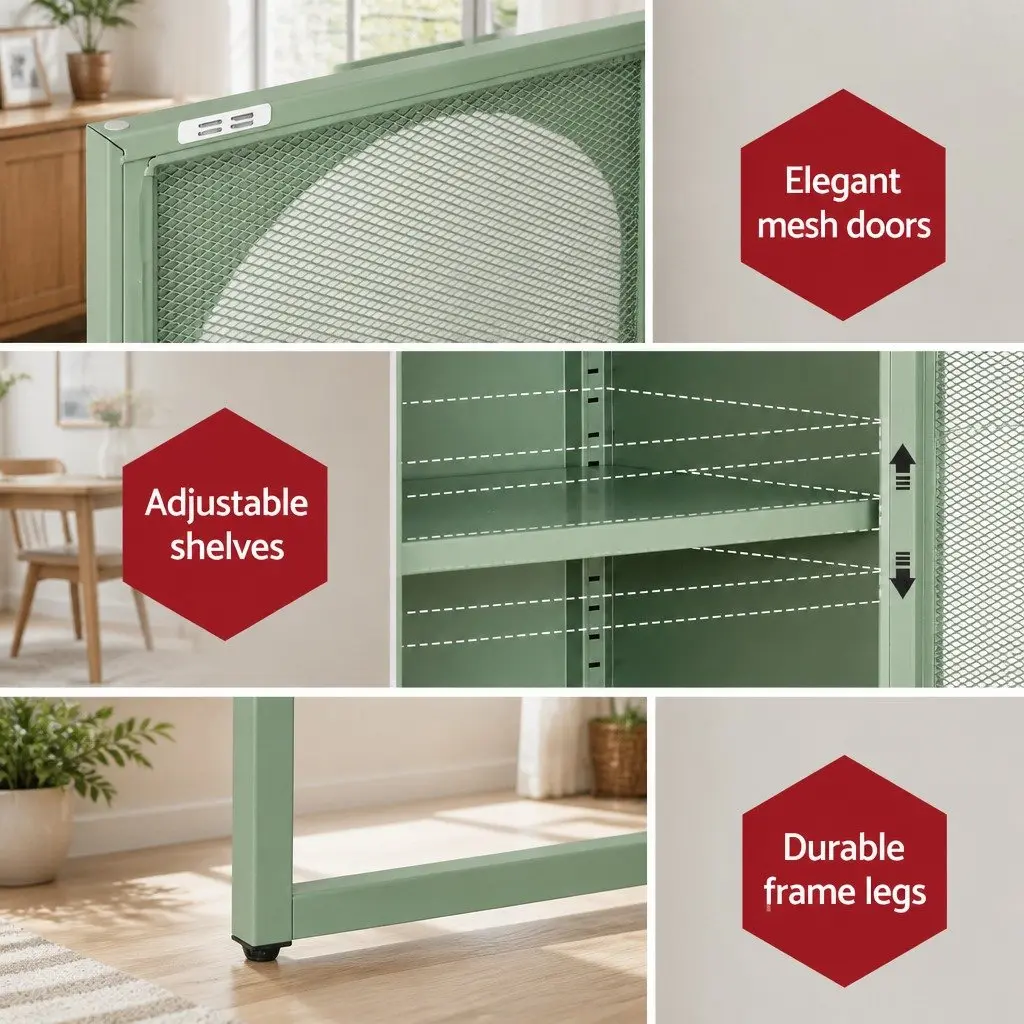 Buffet Sideboard Cabinet Light Green 2 Door Storage Mesh Doors Adjustable Shelves Set