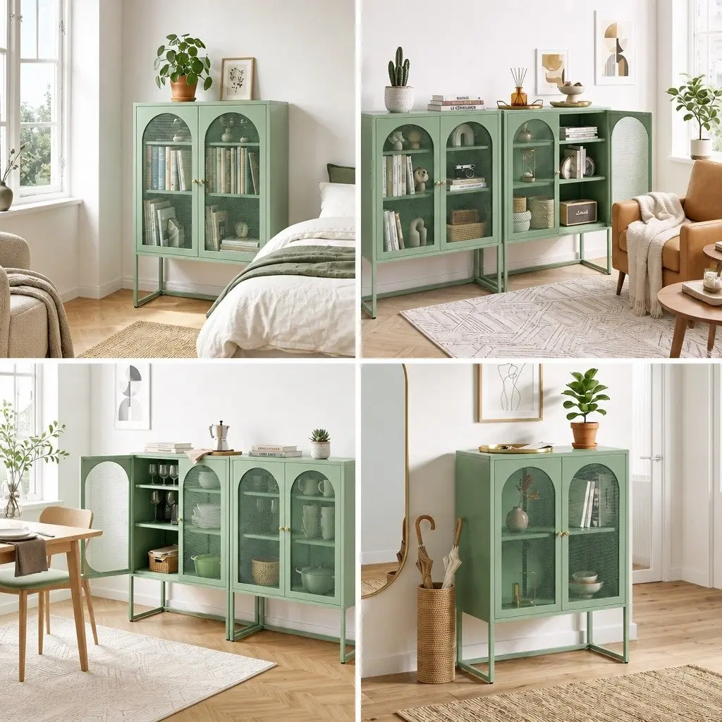Buffet Sideboard Cabinet Light Green 2 Door Storage Mesh Doors Adjustable Shelves Set