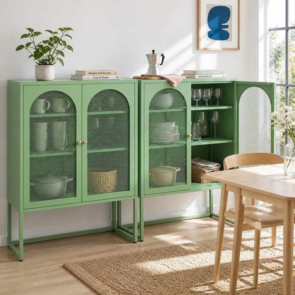Buffet Sideboard Cabinet Light Green 2 Door Storage Mesh Doors Adjustable Shelves Set