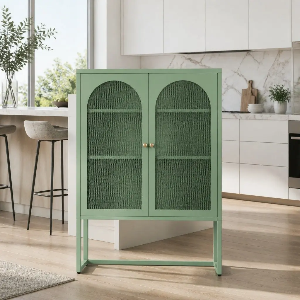 Buffet Sideboard Storage Cabinet Light Green 2-Door Mesh Panels Adjustable Shelves