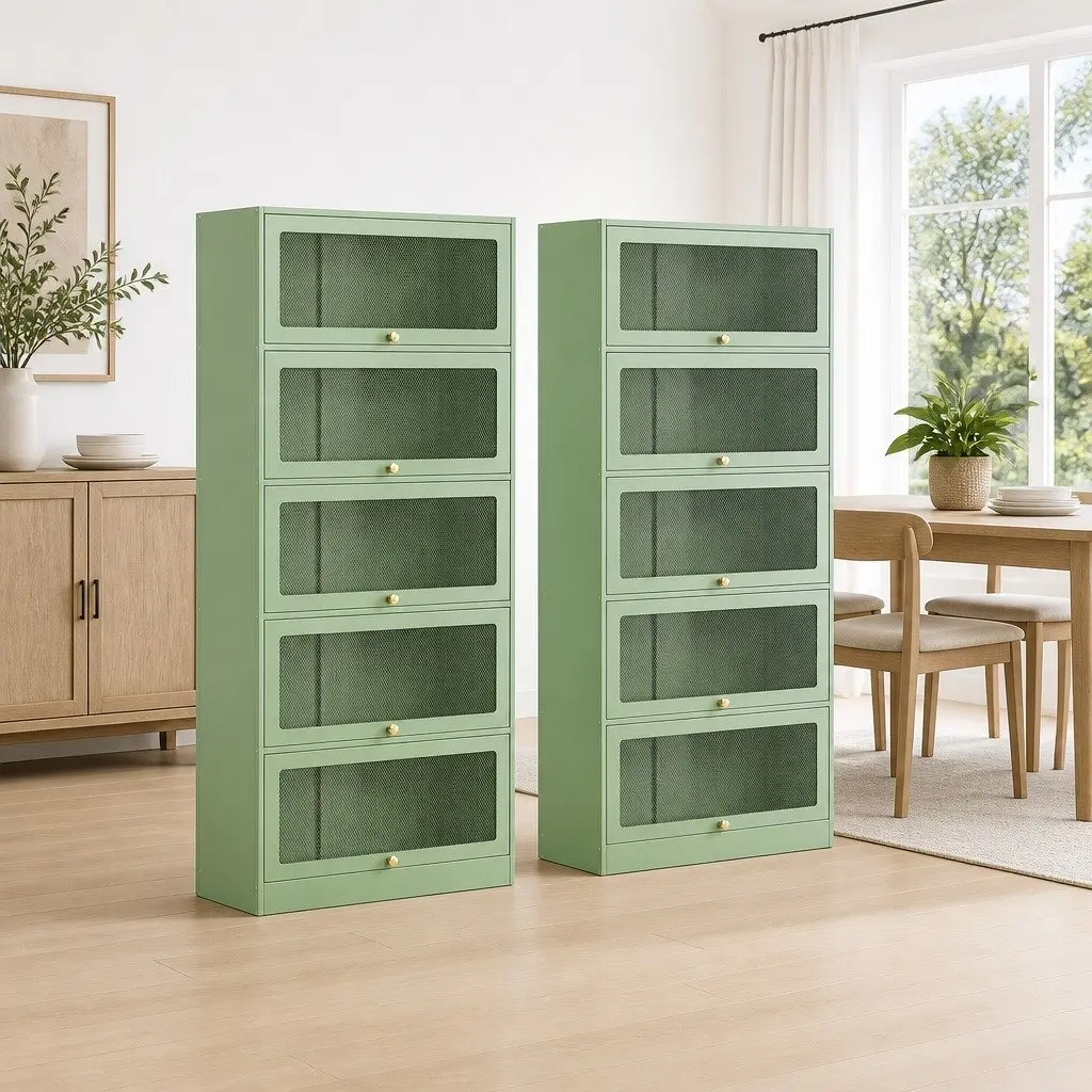 Buffet Sideboard Cabinet Light Green 5-Tier Storage Mesh Doors Cold-Rolled Steel