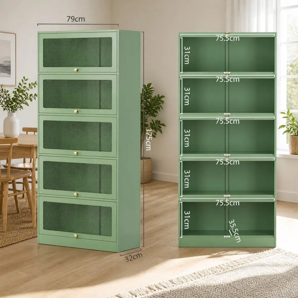Buffet Sideboard Cabinet Light Green 5-Tier Storage Mesh Doors Cold-Rolled Steel