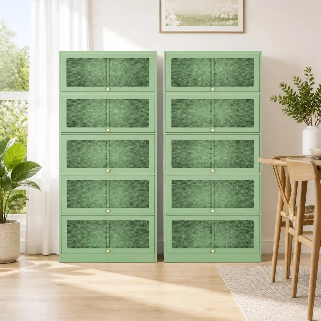 Buffet Sideboard Cabinet Light Green 5-Tier Storage Mesh Doors Cold-Rolled Steel