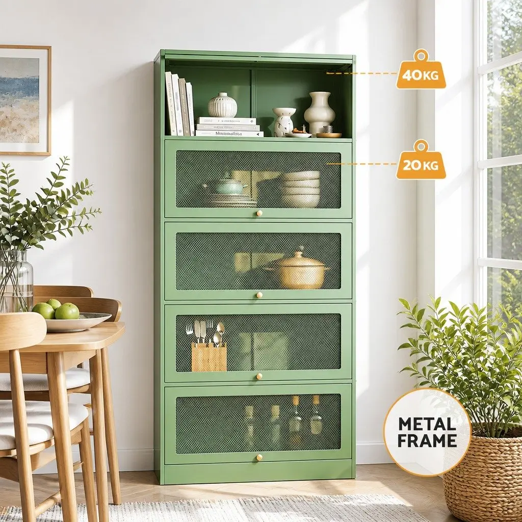 Buffet Sideboard Cabinet Light Green 5-Tier Storage Mesh Doors Cold-Rolled Steel